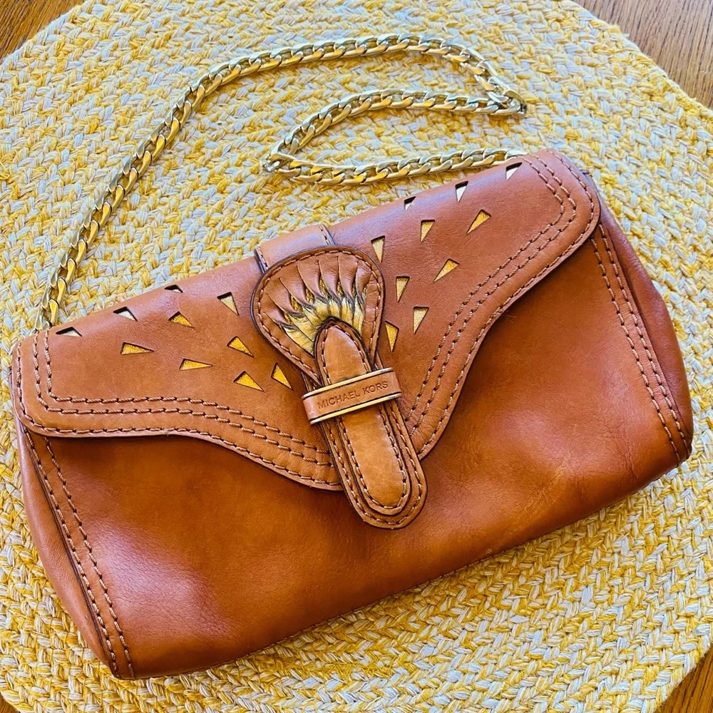 Michael Kors Brown Leather Tooled Laser Cut Shoulder Bag Gold Chain